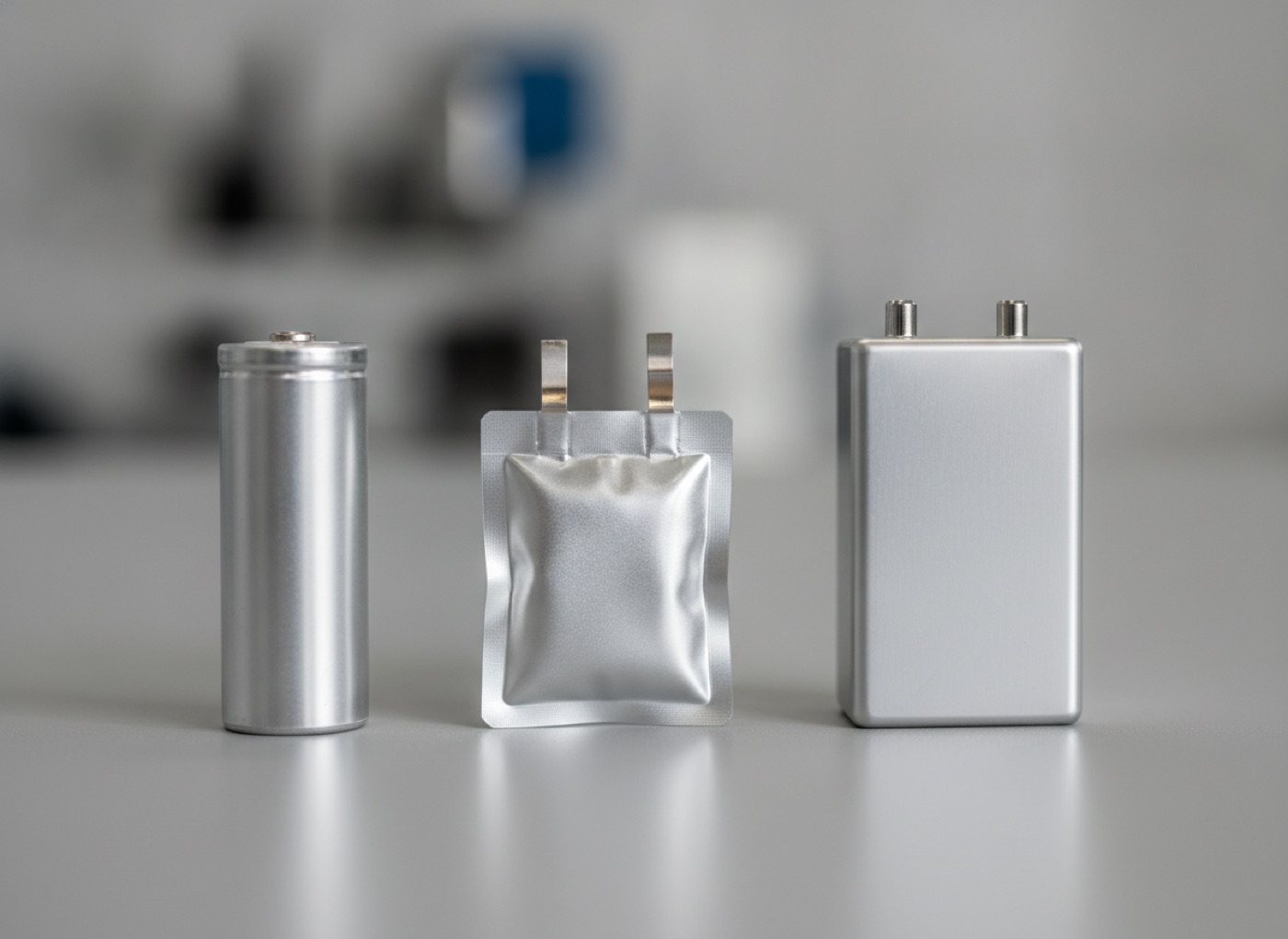 Tři formáty lithium-iontových článků vedle sebe: válcový článek 18650, plochý pouch článek s fóliovými vývody a hranolový článek v hliníkovém pouzdře