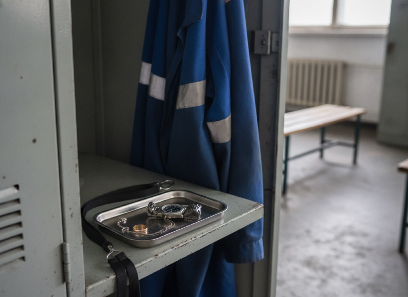 Snubní prsten, hodinky s kovovým tahem, řetízek a šňůrka na klíče v plechové misce na poličce šatní skříňky