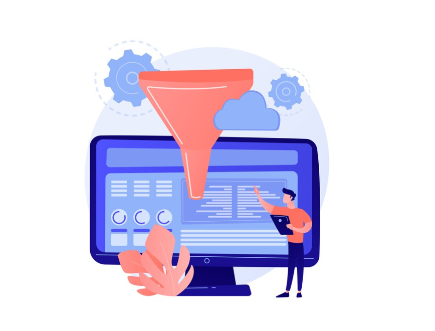 A man analyzes data on a computer with a funnel and gears above