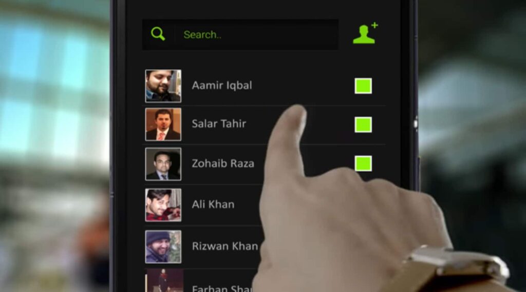 Finger scrolling through a contact list on a smartphone screen