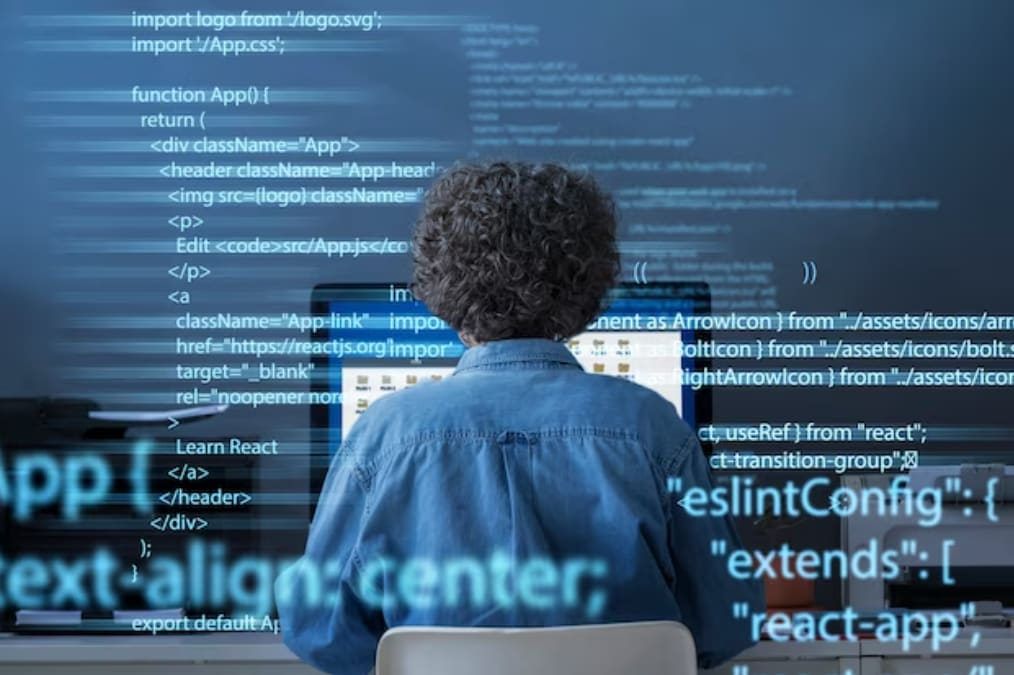 A person coding in a dark room with screen reflecting on them