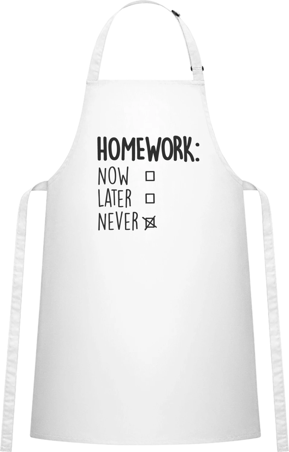Homework: Never - White Cotton Bib Apron - Front