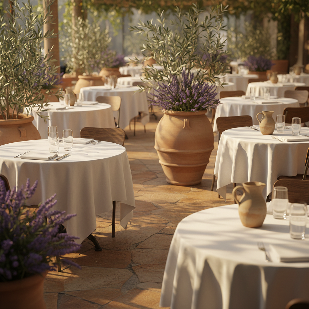 Sunlit Mediterranean French Restaurant Ambiance