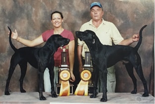 The Plott | A Hound of a Different Color Champion littermates, CH Simmons IN Storm’s Gotcha with her littermate GCH Simmons IN DayDream’s Gotcha winning the Pairs Championship at a UKC show.
