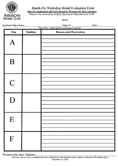 Judges Breed Education Seminars Hands-On Workshop Breed Evaluation Form