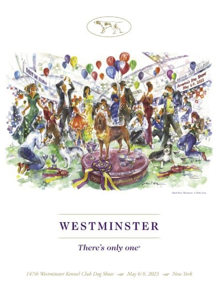 Poster promoting the 147th show featuring the BIS, MAC, and MOC winners from 2022. Inside the Arthur Ashe stadium as a nod to the new location with all eyes on the winning dogs. Commissioned artist, Misha Lenn. The title is “Match Point. Westminster.” Proceeds will go to the Westminster Breed Rescue Awards. Each year the Awards offer $5,000 each to three American Kennel Club (AKC)-recognized national breed clubs engaged in dog rescue activities. For 2023, the winners are the Havanese Club of America Rescue, the Newfoundland Club of America Rescue, and the Lagotto Romagnolo Dog Rescue, Inc.