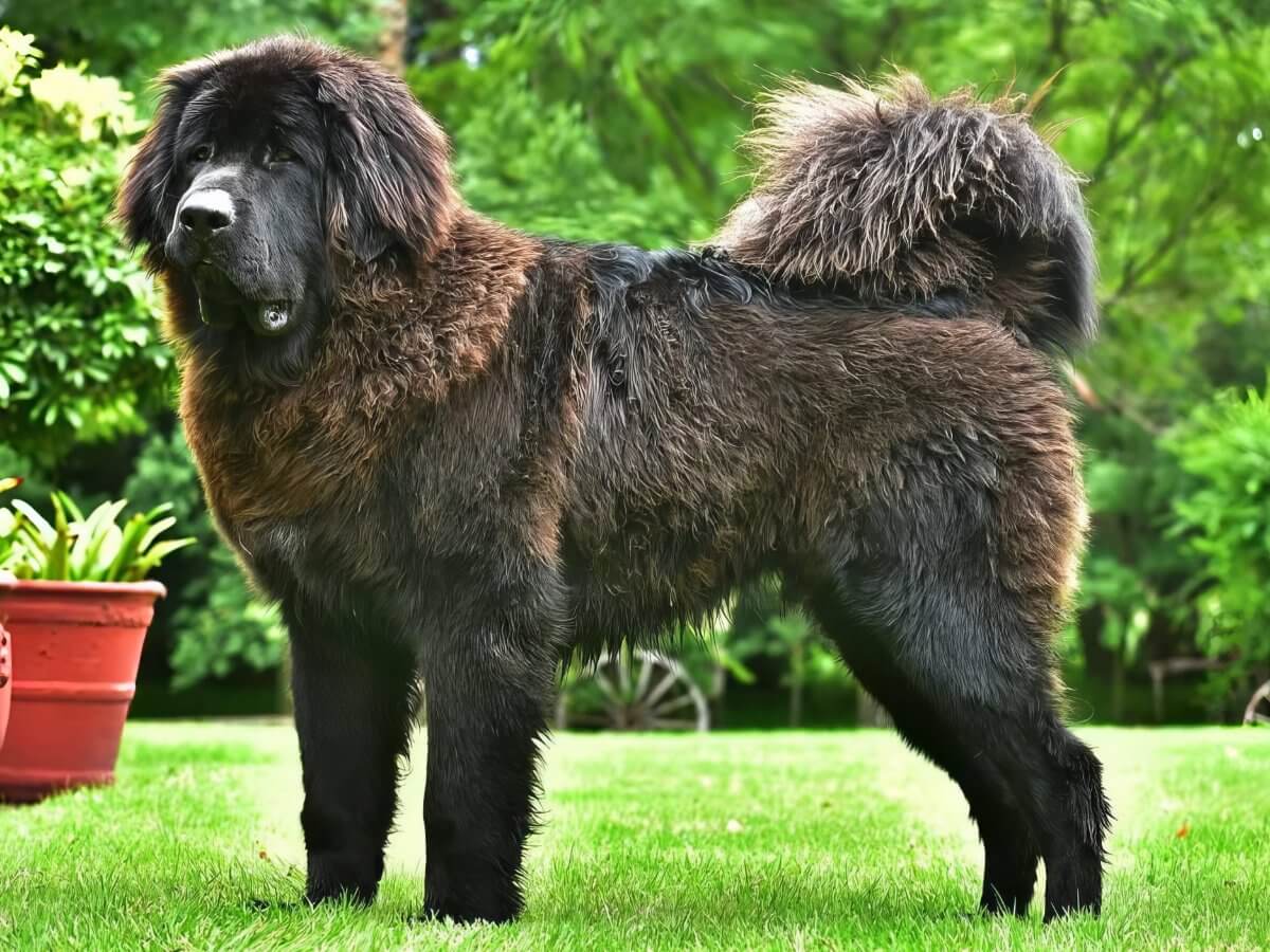 Side photo of a Tibetan Mastiff standing in the yard.