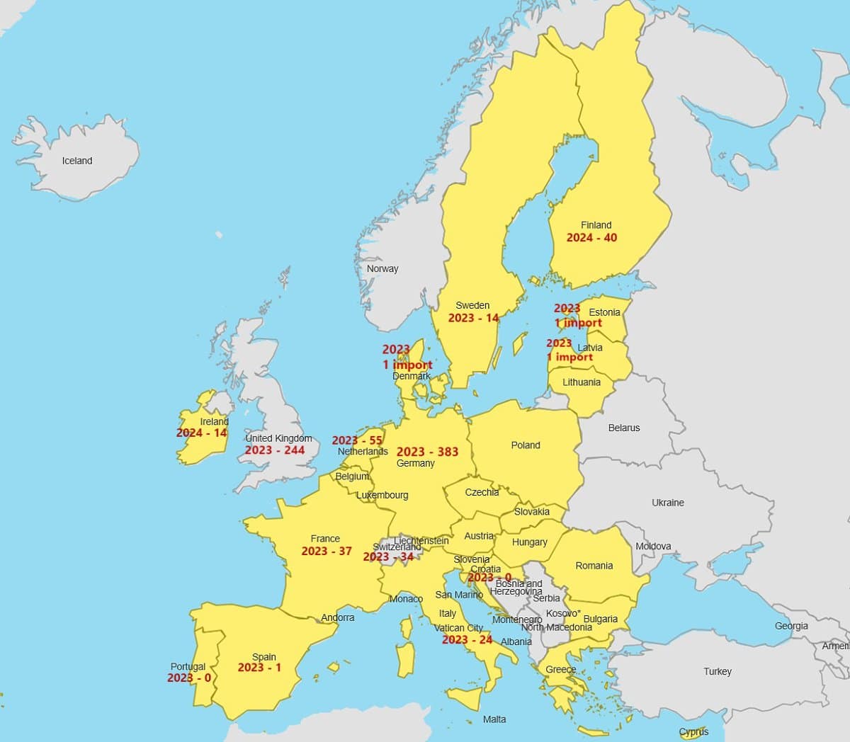 Map of Europe with registration numbers. illustration by author