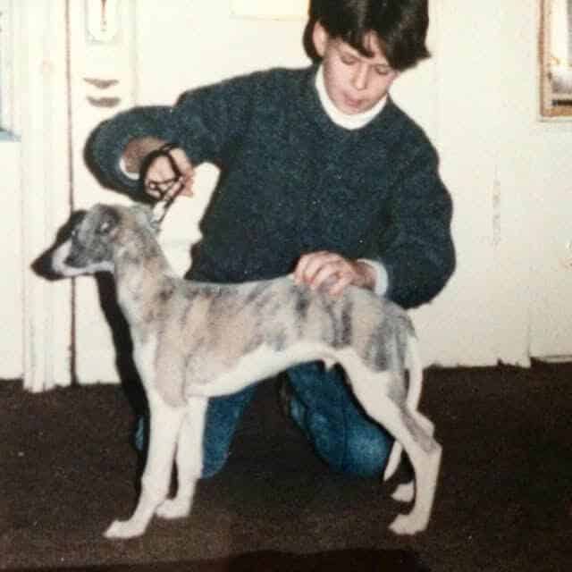 Joseph Buchanan and his first Whippet, Dante, in 1989, learning to stack together at the breeder’s shop
