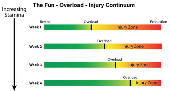 Figure 2. Stamina can be increased by repeatedly building to overload but not past it, either multiple times in one session, or multiple times a day, or both.