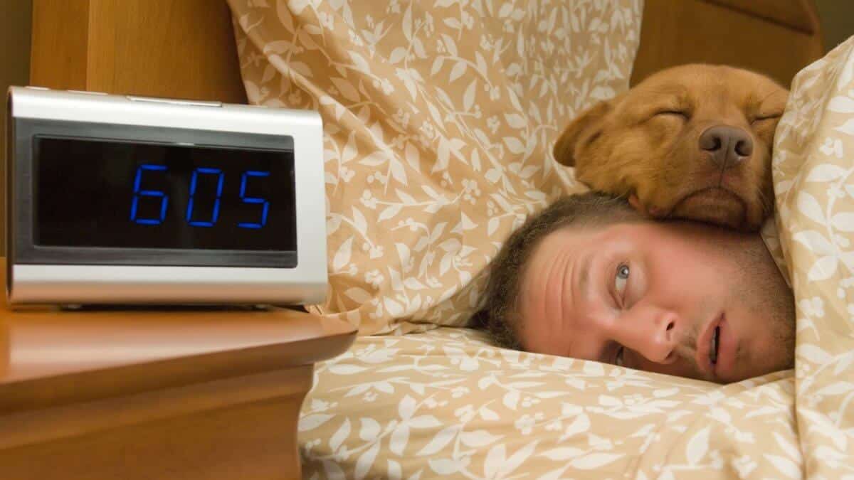 Man waking up with dog comfortably sleeping in