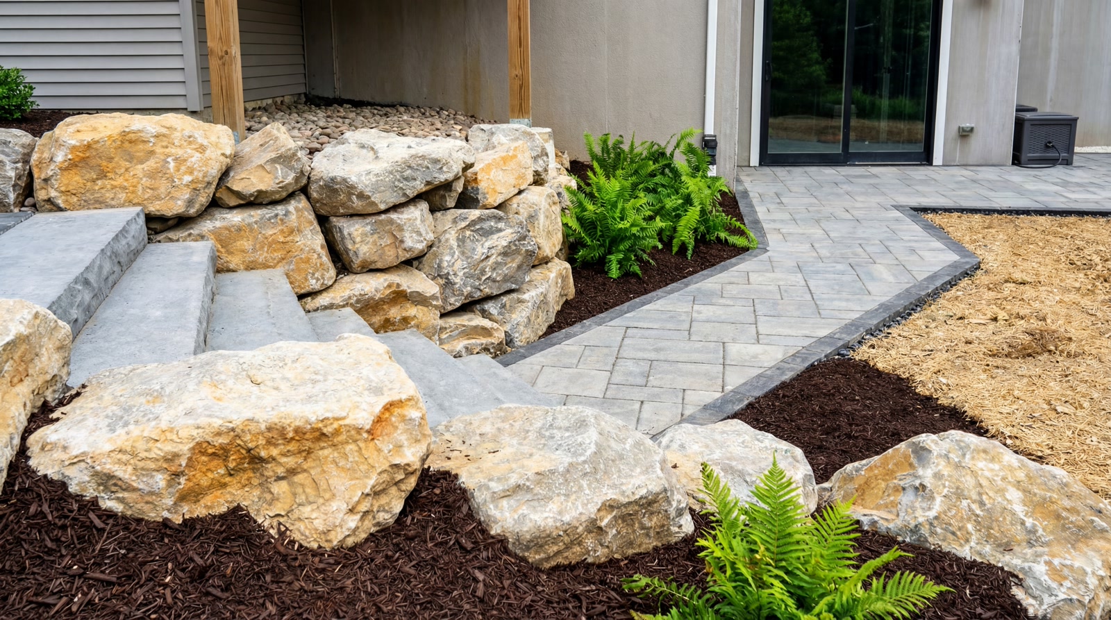 Mulch beds with evergreen plantings