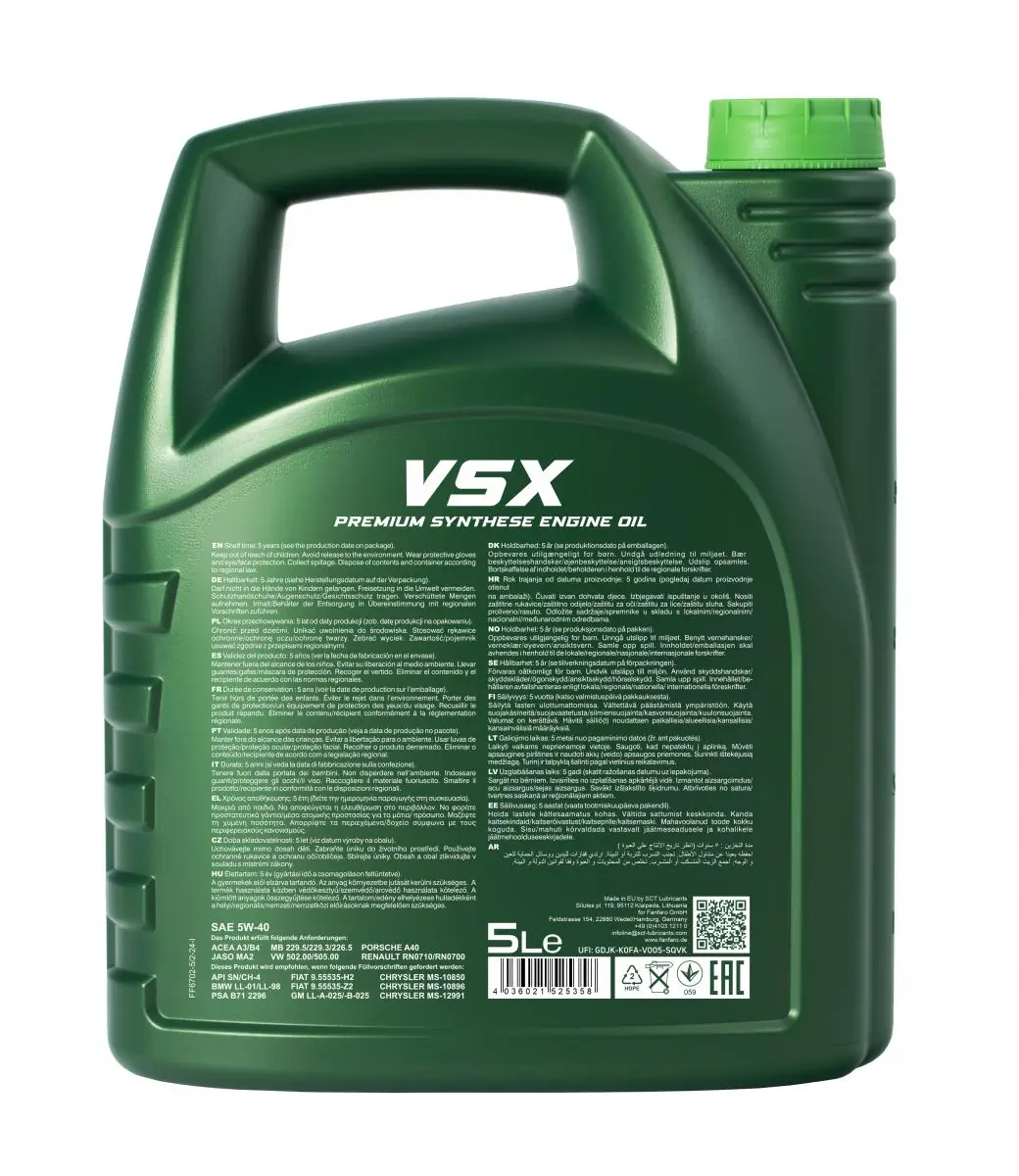 OLEJ FANFARO 5W40 5L EXPERT VSX SN/CH-4 / A3/B4 / 229.3 226.5 229.5 / 502.00 505.00 / LL01 / A40 / RN0710 / B71 2296