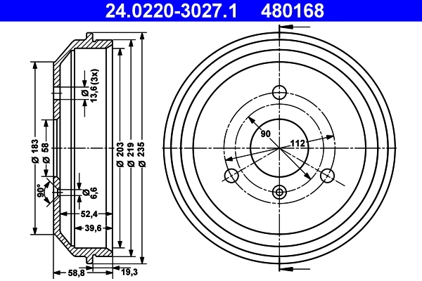 Tambour de frein ATE 24.0220-3027.1