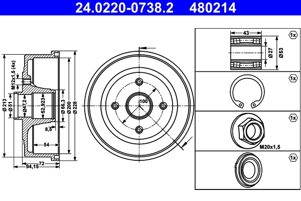 Tambour de frein ATE 24.0220-0738.2
