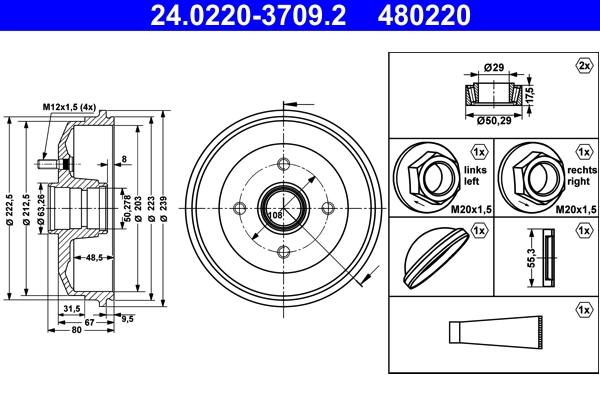 Tambour de frein ATE 24.0220-3709.2