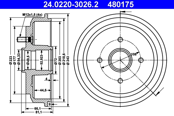 Tambour de frein ATE 24.0220-3026.2