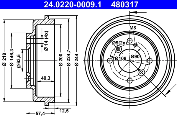 Tambour de frein ATE 24.0220-0009.1