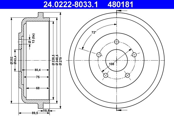 Tambour de frein ATE 24.0222-8033.1