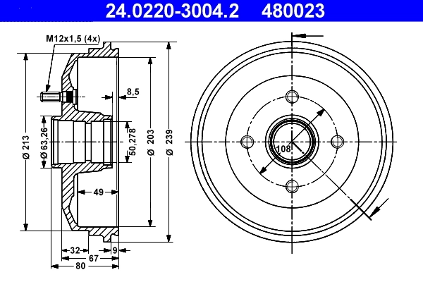 Tambour de frein ATE 24.0220-3004.2