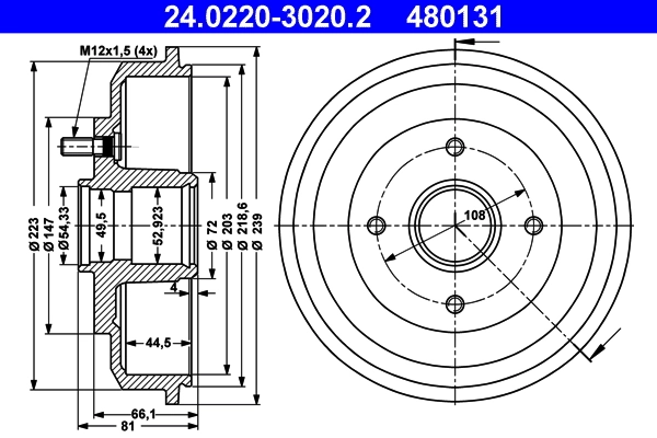 Tambour de frein ATE 24.0220-3020.2