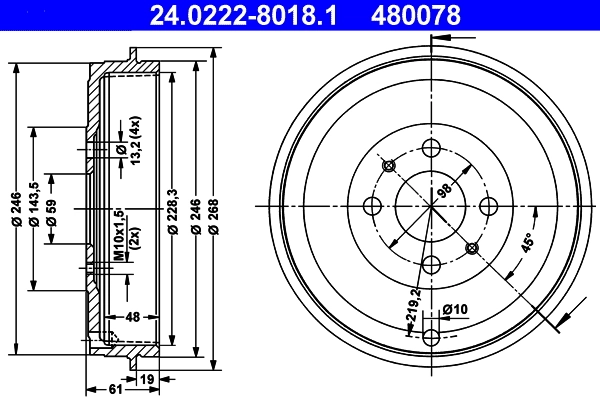 Tambour de frein ATE 24.0222-8018.1