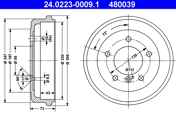 Tambour de frein ATE 24.0223-0009.1
