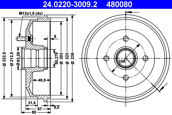 Tambour de frein ATE 24.0220-3009.2