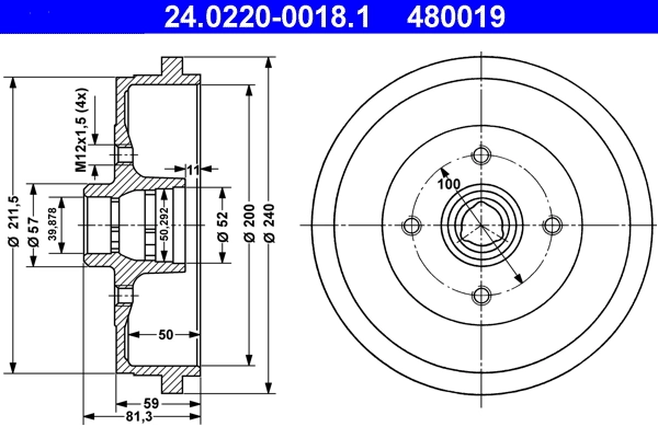 Tambour de frein ATE 24.0220-0018.1