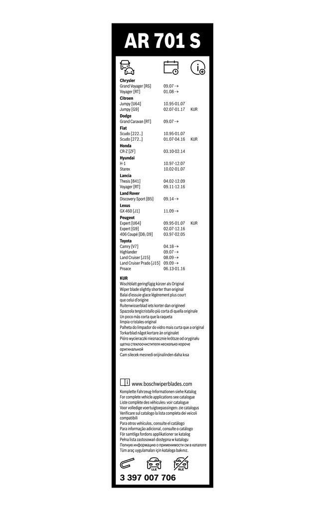 Balai d'essuie-glace BOSCH 3 397 007 706