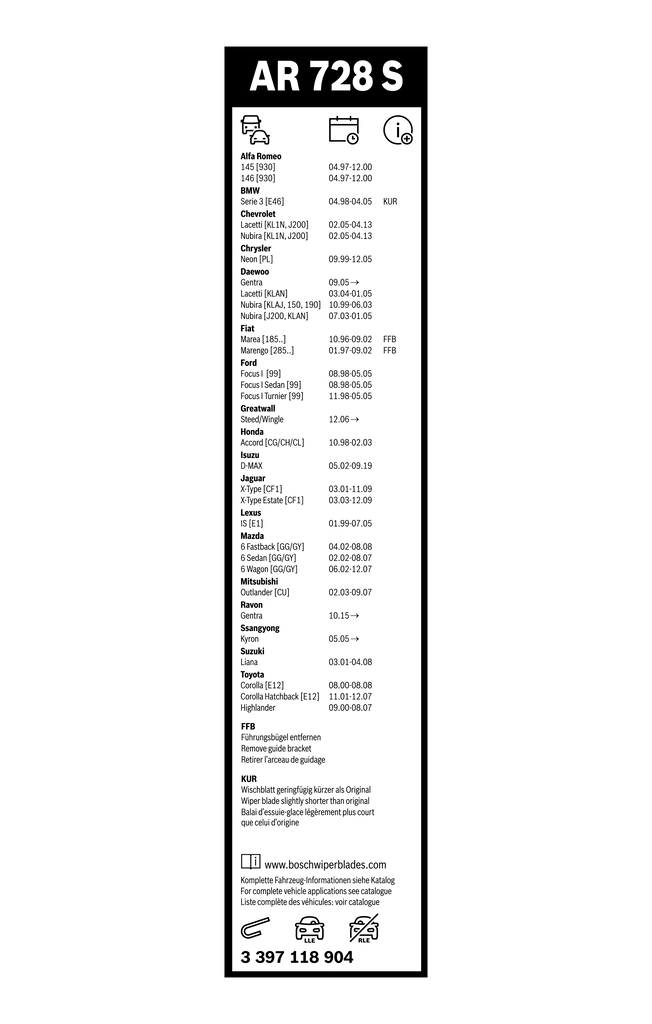 Balai d'essuie-glace BOSCH 3 397 118 904