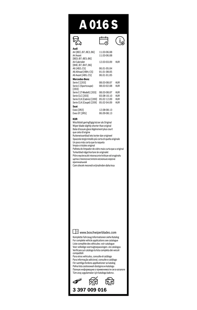 Balai d'essuie-glace BOSCH 3 397 009 016