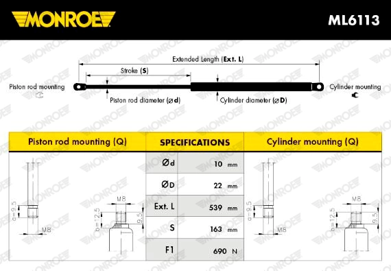 Vérin de hayon, de coffre MONROE ML6113