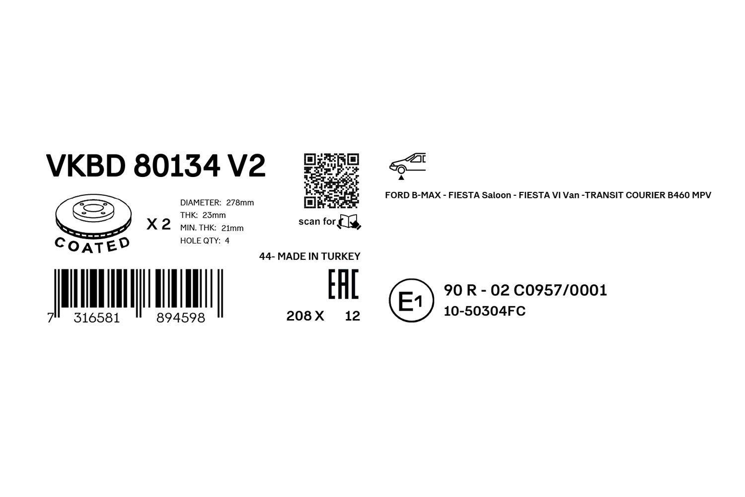 Disque de frein SKF VKBD 80134 V2