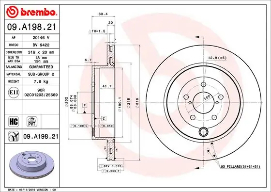 Disque de frein BREMBO 09.A198.21