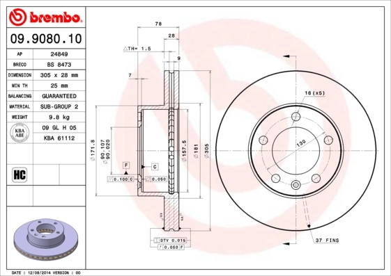 Disque de frein BREMBO 09.9080.10