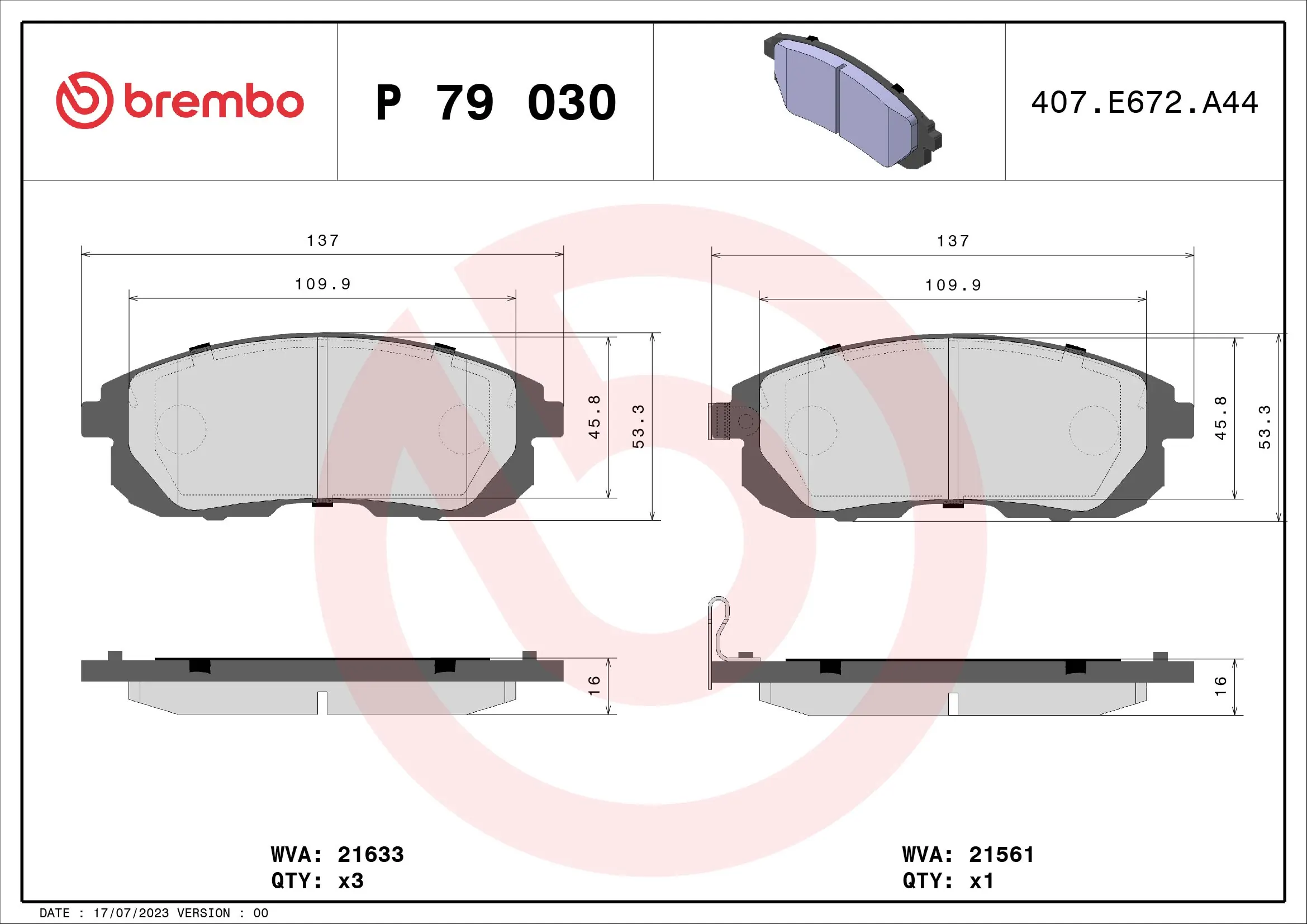 Kit de plaquettes de frein, frein à disque BREMBO P 79 030