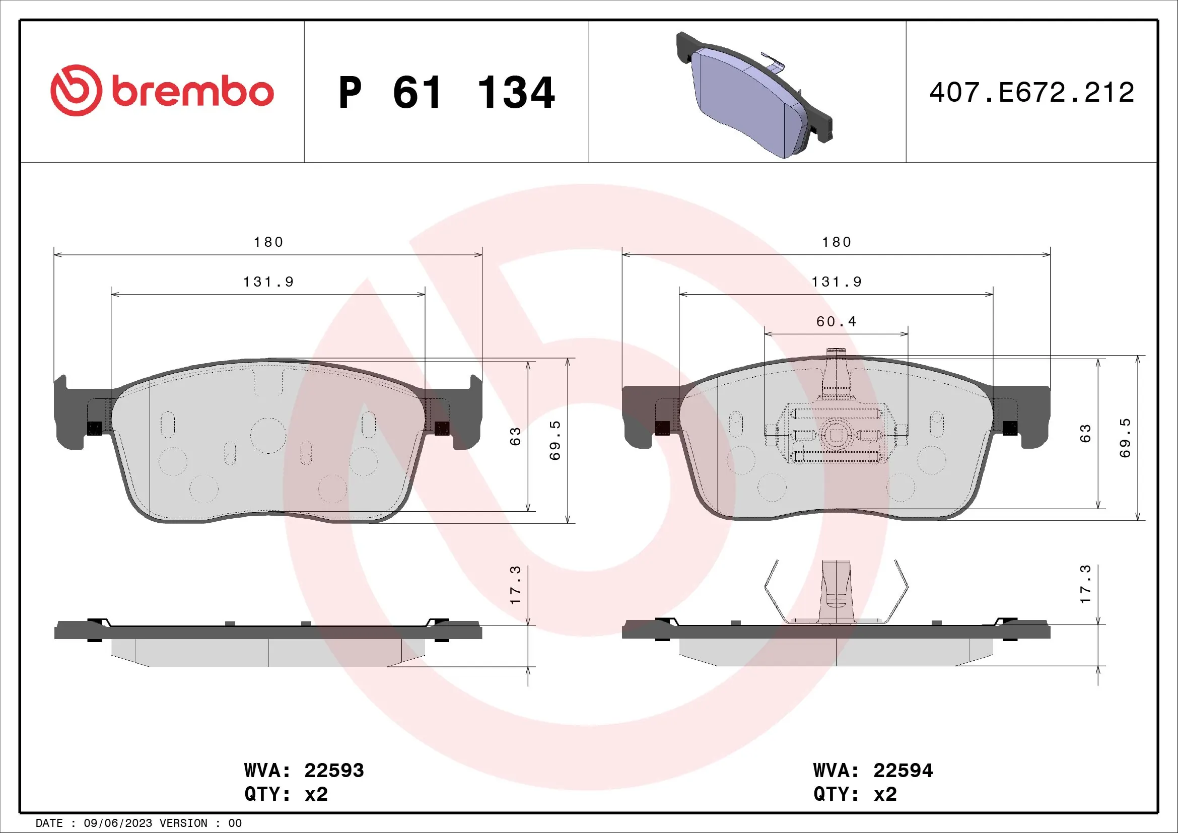 Kit de plaquettes de frein, frein à disque BREMBO P 61 134