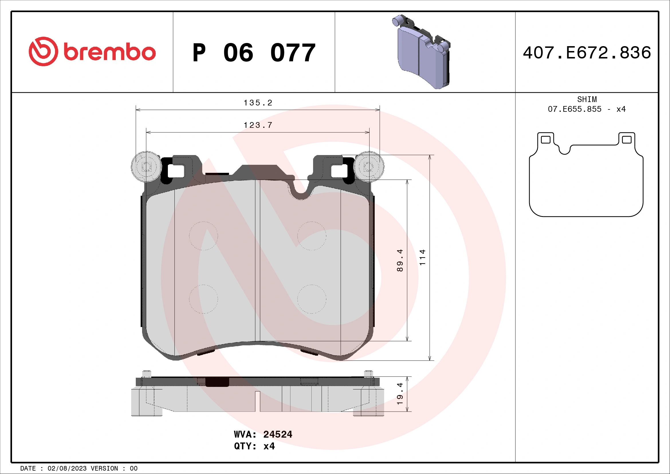 Kit de plaquettes de frein, frein à disque BREMBO P 06 077