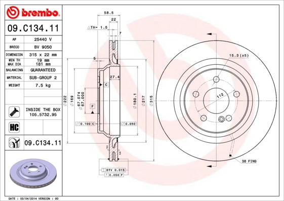 Disque de frein BREMBO 09.C134.11