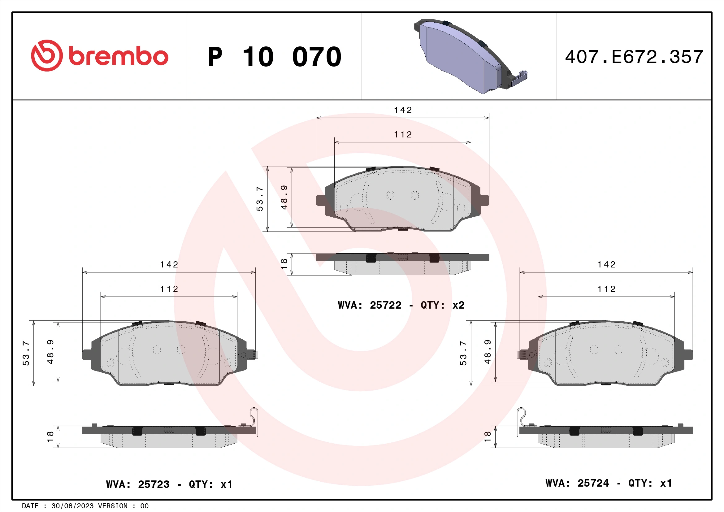 Kit de plaquettes de frein, frein à disque BREMBO P 10 070