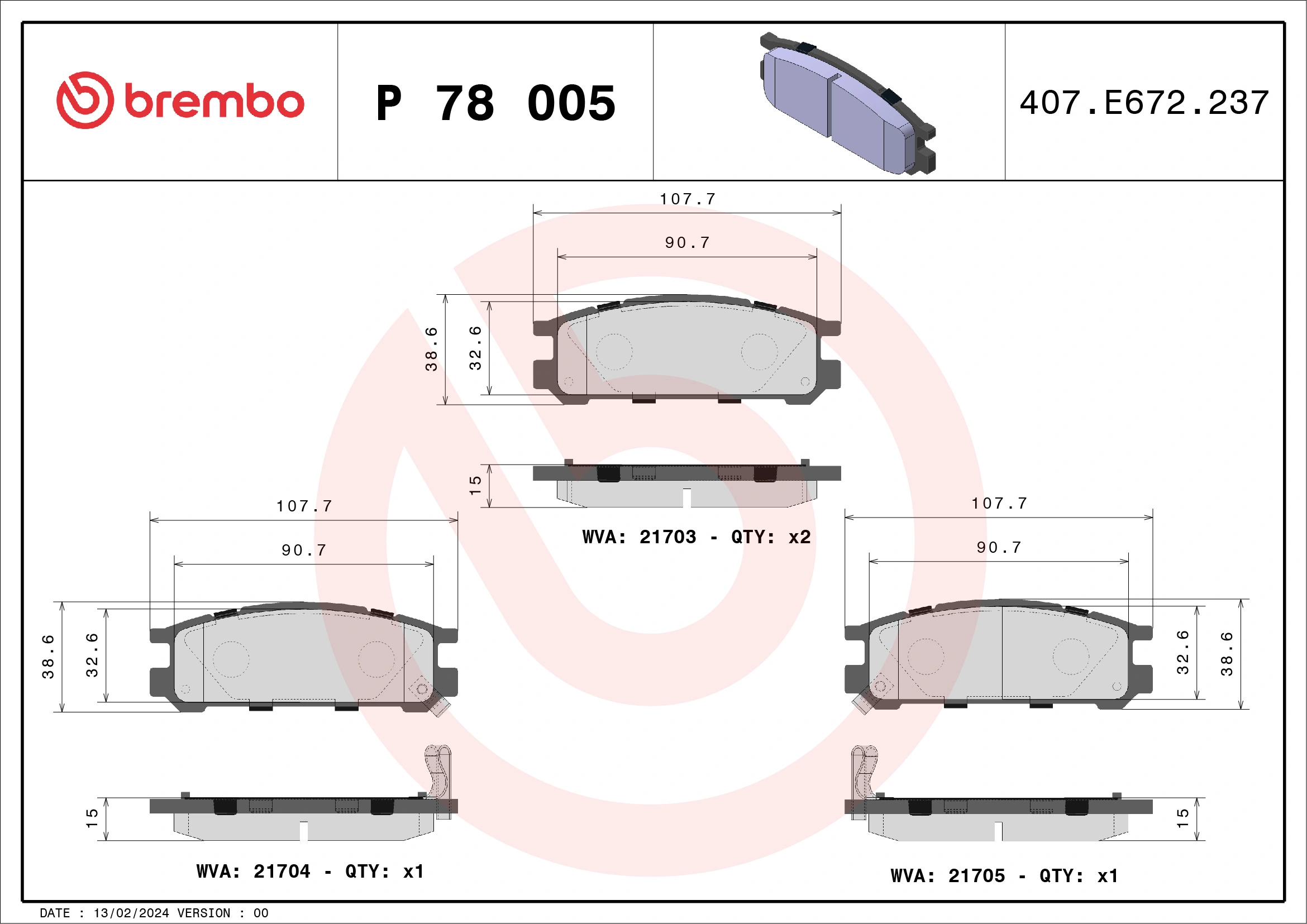 Kit de plaquettes de frein, frein à disque BREMBO P 78 005