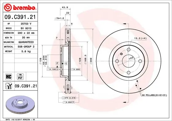 Disque de frein BREMBO 09.C391.21