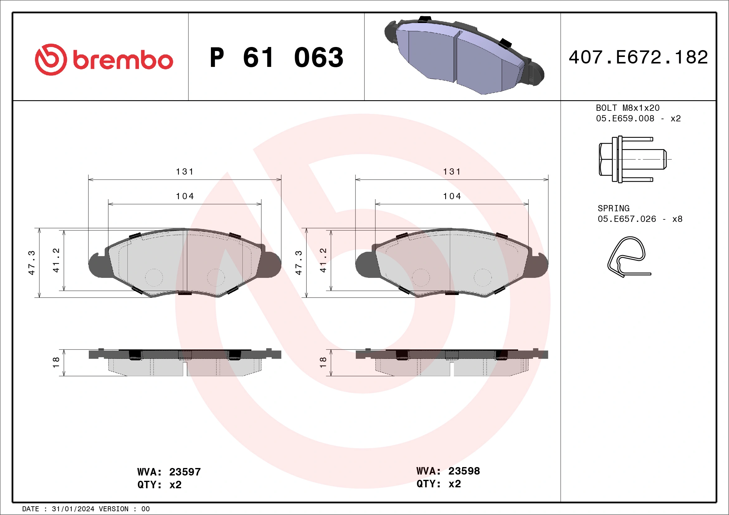Kit de plaquettes de frein, frein à disque BREMBO P 61 063