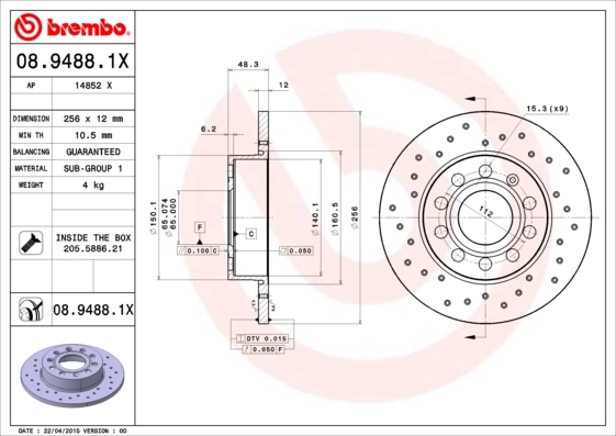 Disque de frein BREMBO 08.9488.1X