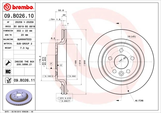 BREMBO 09.B026.11 — Диск гальмівний VOLVO XC60 2.4, 3.0 08- задн. (вир-во BREMBO)