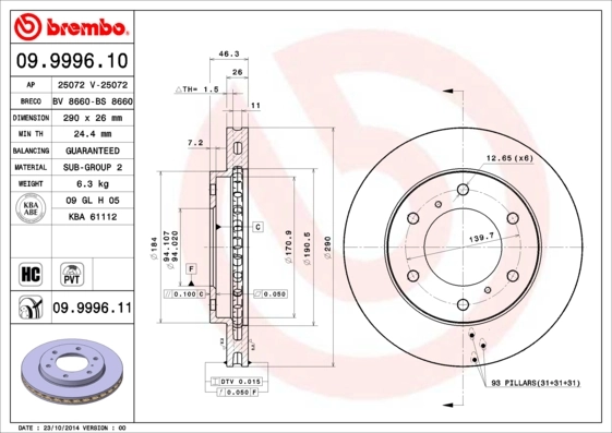 Disque de frein BREMBO 09.9996.11