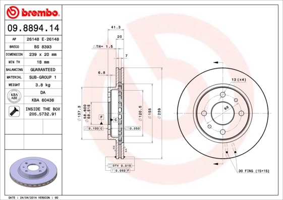 Disque de frein BREMBO 09.8894.14