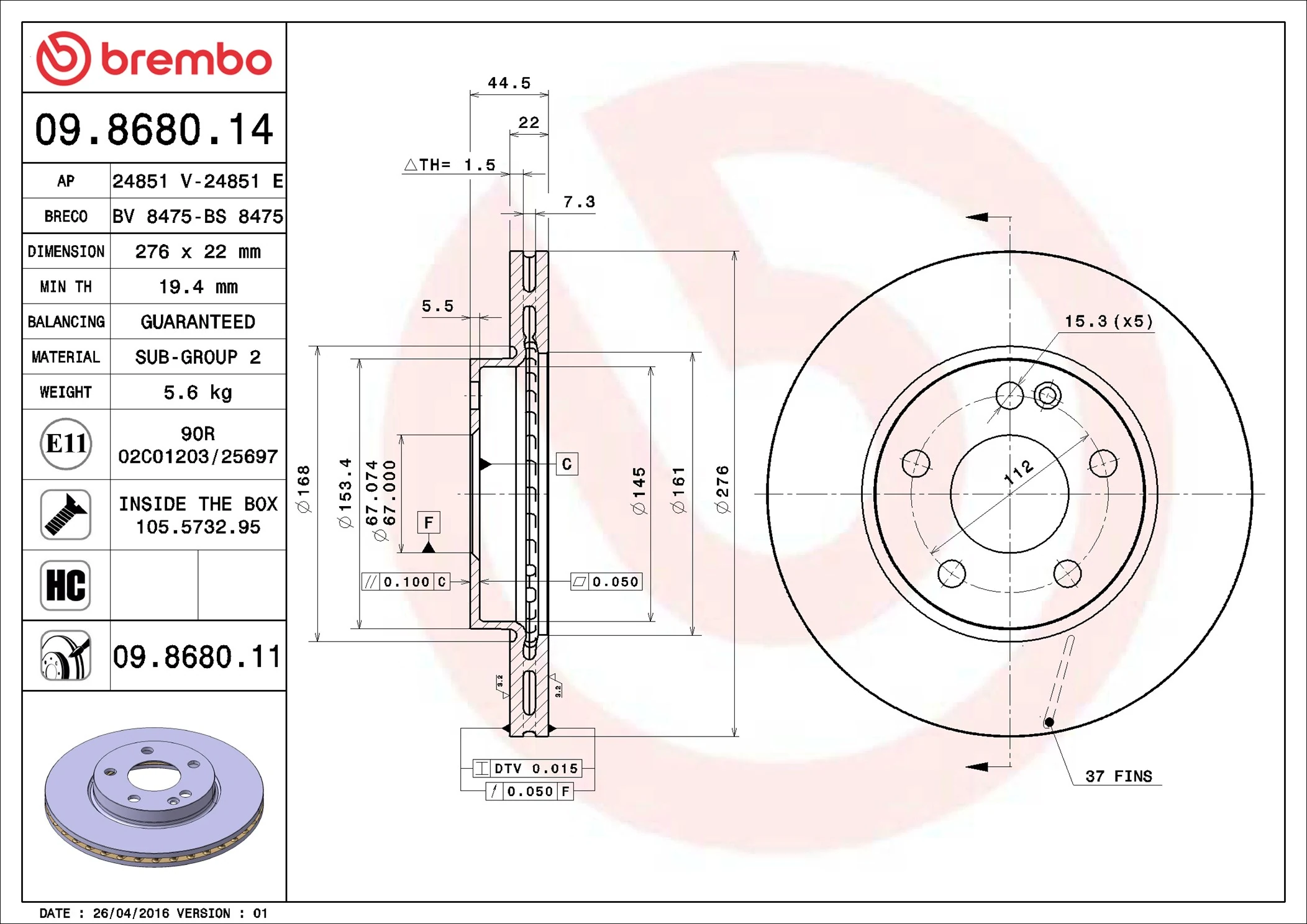 Disque de frein BREMBO 09.8680.11