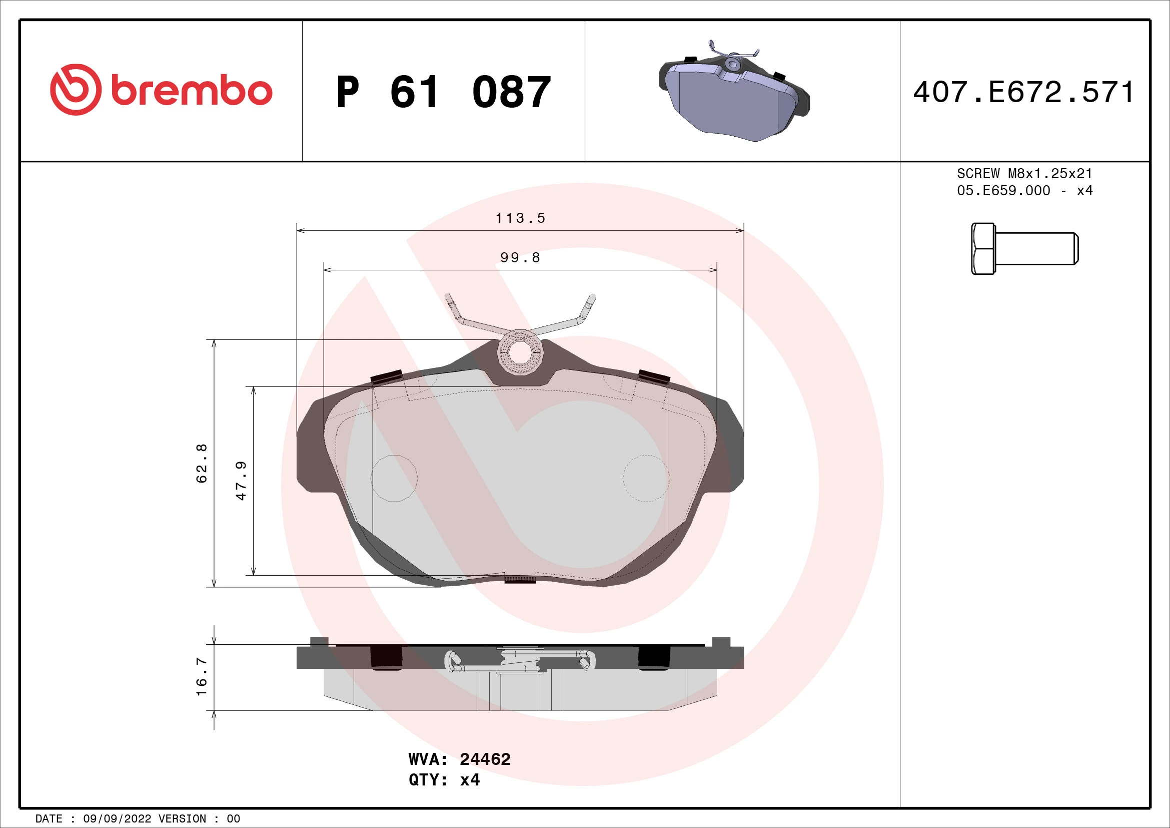 Kit de plaquettes de frein, frein à disque BREMBO P 61 087